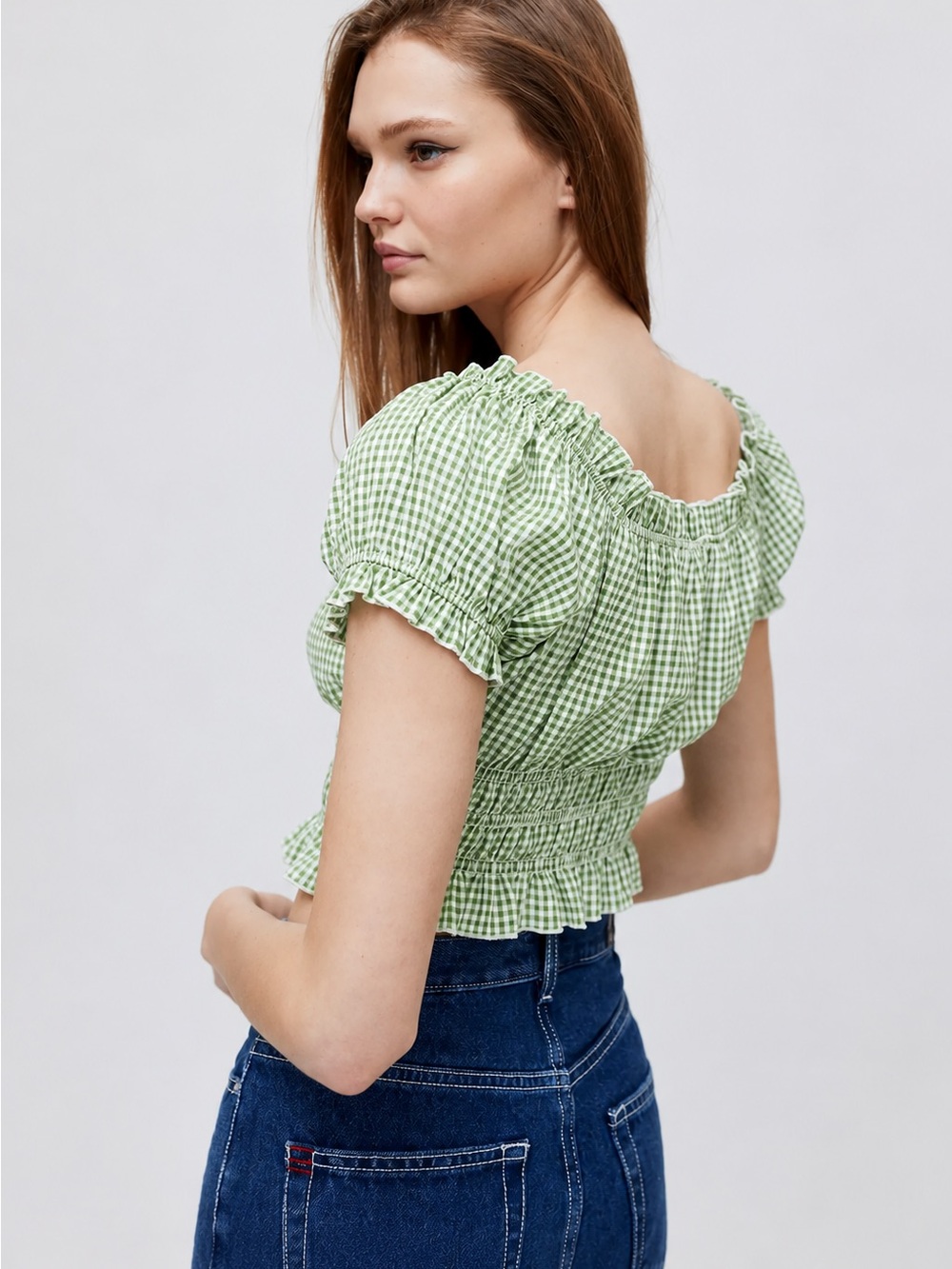 Lisa Says‎ Gah Marta Smocked Green & White Gingham Crop Top Large Festival - Picture 3 of 11